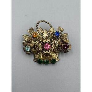 Vintage Gold Colored Multi Colored Rhinestones‎ Flower Basket Brooch